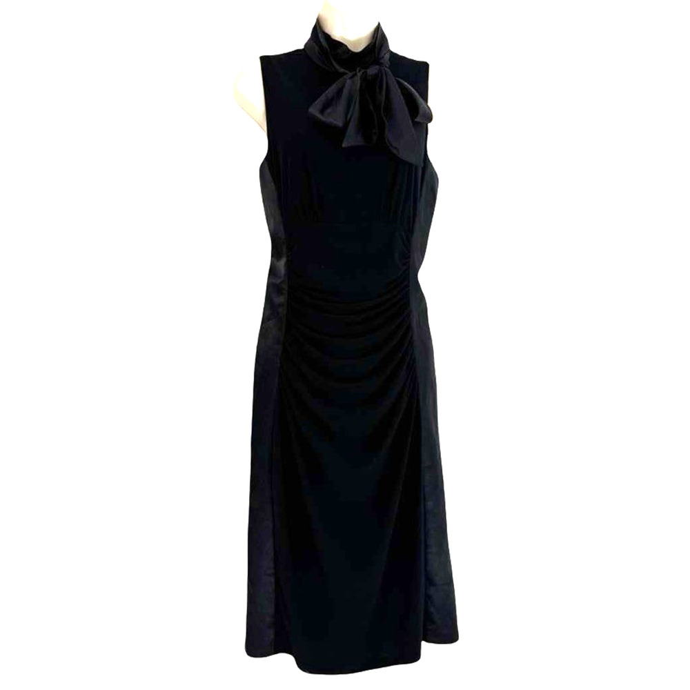 Evan Picone Little Black Ruched Satin Trim High Neck Bow Dress Sheath sz 12